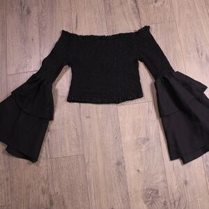 0406 Off-Shoulder Smocked Bell Sleeve Top – Stretchy Fit Gothic Boho Style